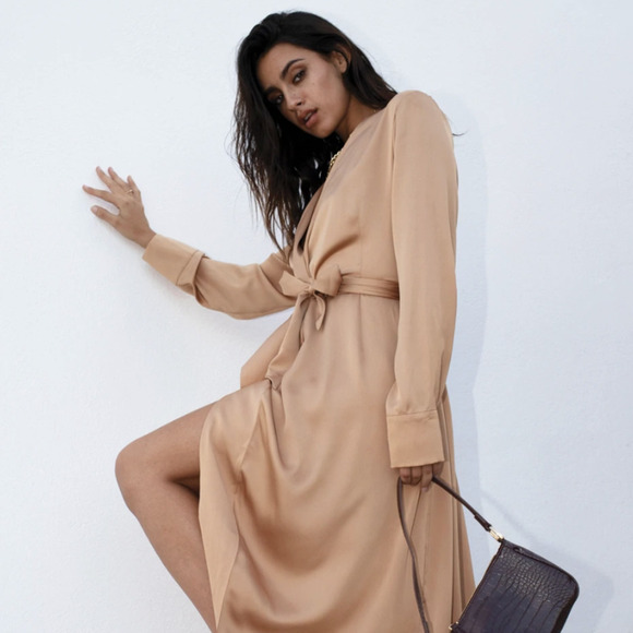 Poleci Gold Silk Long Sleeve Wrap Midi Dress - Picture 1 of 7
